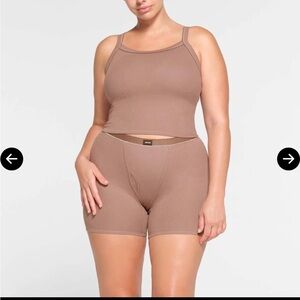 SKIMS COTTON RIB PICOT TANK TOP and BOXER SHORTS SET in UMBER SMALL